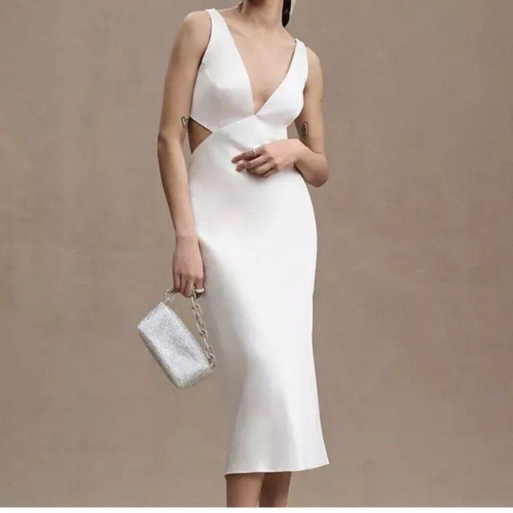 Sachin & Babi Midi Dress Size 6 White Satin Cutout Open Back F1BB052